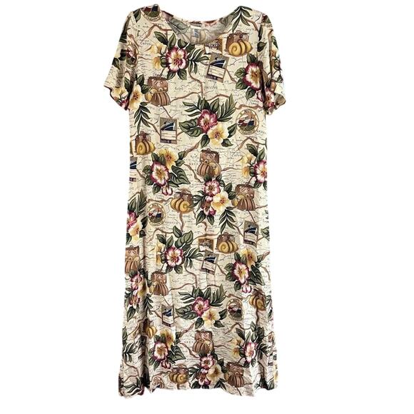Vintage 90s Teddi Travel Vacation Theme Short Sleeve Tie Back Maxi Dress Size Me - Picture 1 of 8